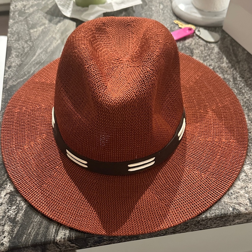 Red Orvis Rust Fedora Hat with brown Band